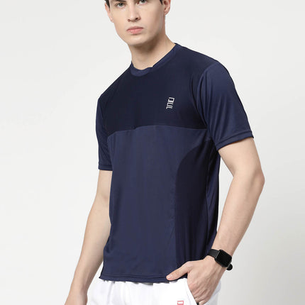 Men Sporty Round Neck Polyester Navy Blue T-Shirt