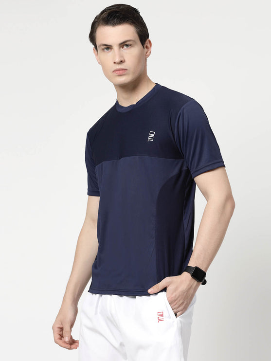 Men Sporty Round Neck Polyester Navy Blue T-Shirt