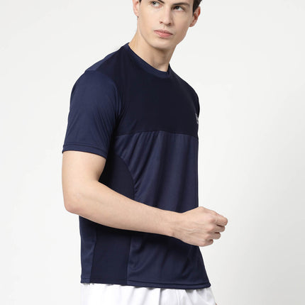 Men Sporty Round Neck Polyester Navy Blue T-Shirt