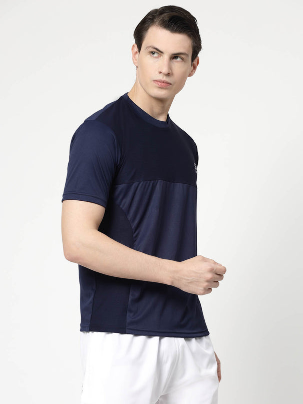 Men Sporty Round Neck Polyester Navy Blue T-Shirt