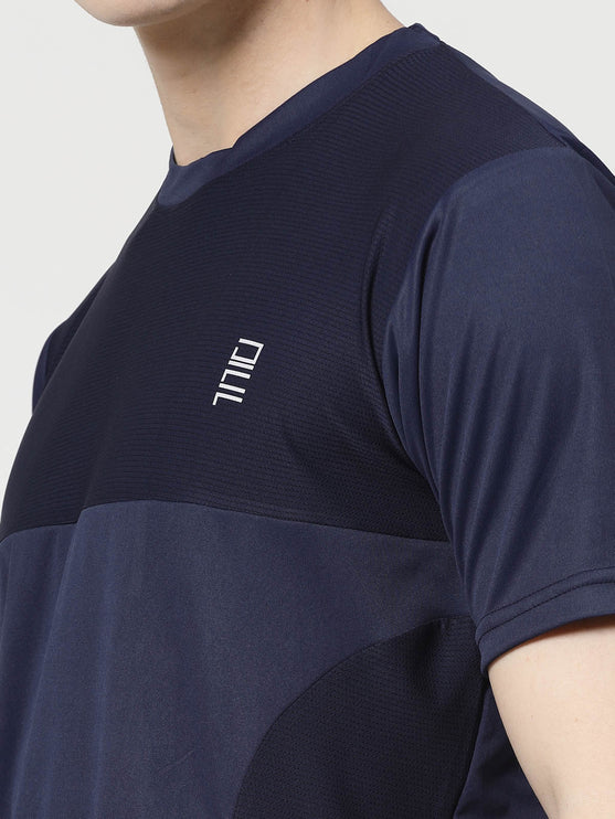 Men Sporty Round Neck Polyester Navy Blue T-Shirt