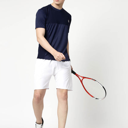 Men Sporty Round Neck Polyester Navy Blue T-Shirt