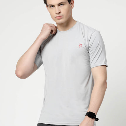 Men Solid Round Neck Half Sleeve Polyester Light Grey T-Shirt