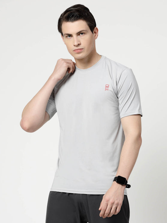 Men Solid Round Neck Half Sleeve Polyester Light Grey T-Shirt